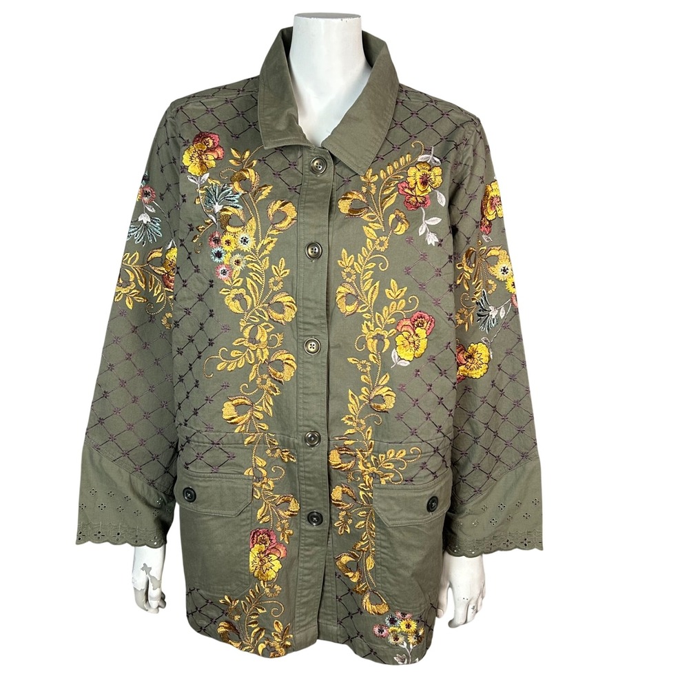 LOGO Lavish Lori Goldstein military Jacket 1X barn embroidered Floral Boho
